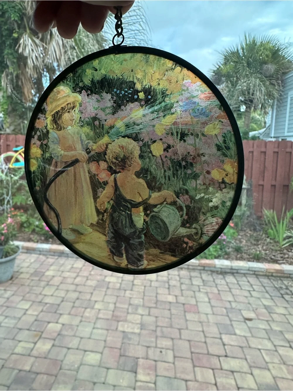 Vintage-Style Suncatcher “ Children watering in Flower Garden”